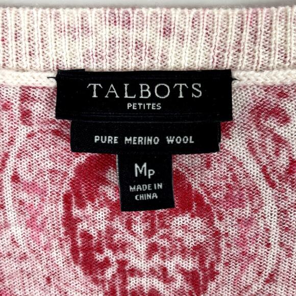 Talbots Merino Wool Button Front Cardigan Sweater Medallion Floral Red Sz MP - Picture 10 of 11